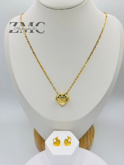 18K Gold Paperclip C Heart Earrings and Necklace Set