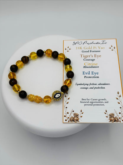 18K Gold Lucky Piyao/ Pi Xiu Tiger Eye Citrine Evil Eye Bracelet ( Hollow Empty Inside) Medium