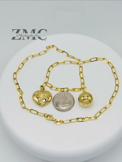 18K Gold Paperclip with Heart and Ball Charm Necklace
