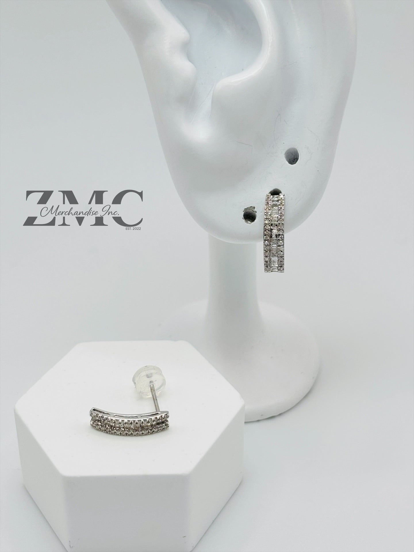 18K White Gold Baguette Half Loop Stud Earrings 0.34 carat Natural Diamond