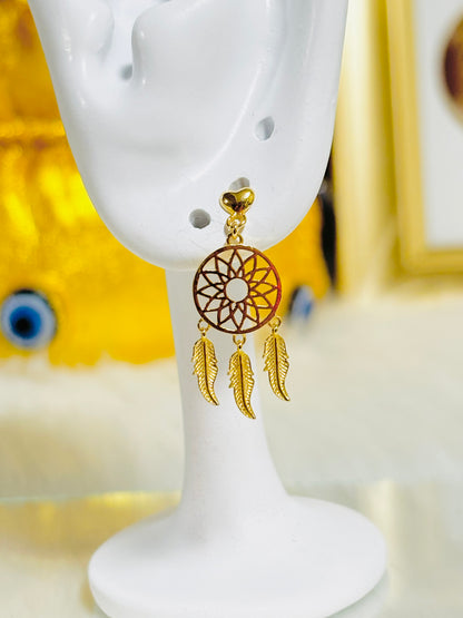 18K Gold Dream Catcher Dangling Earrings