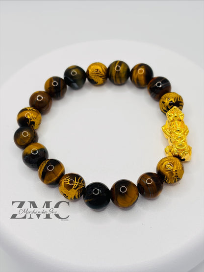 18K Gold Lucky Piyao/ Pi Xiu  Bracelet Tiger Eye Dragon Stone( Hollow Empty Inside) Extra Large Glossy