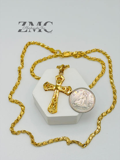 18K Gold Slim Damascus Cross Necklace