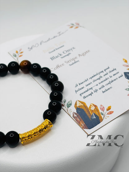 18K Gold  Lucky Baifu Tube Onyx, Agate Stone  ( Hollow Empty Inside)