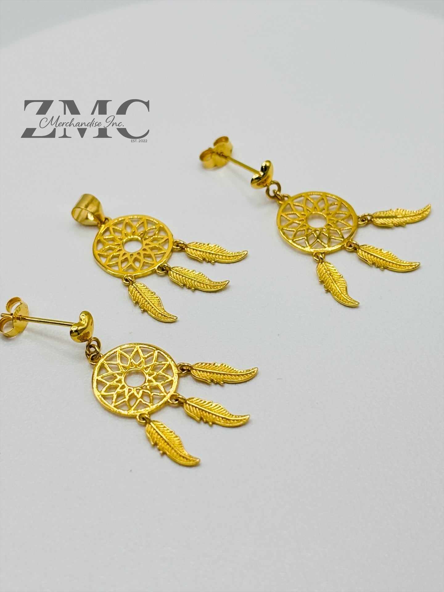 18K Gold dream Catcher Earrings and Pendant Set
