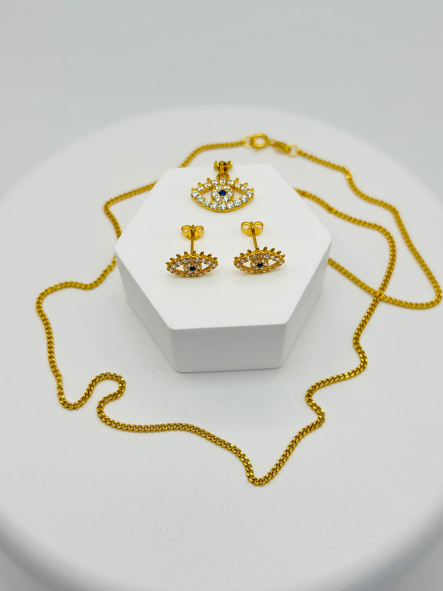 18K Gold Evil Eye Earrings and Necklace Set
