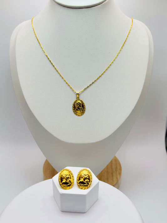 18K Gold Cameo Earrings and Necklace Set