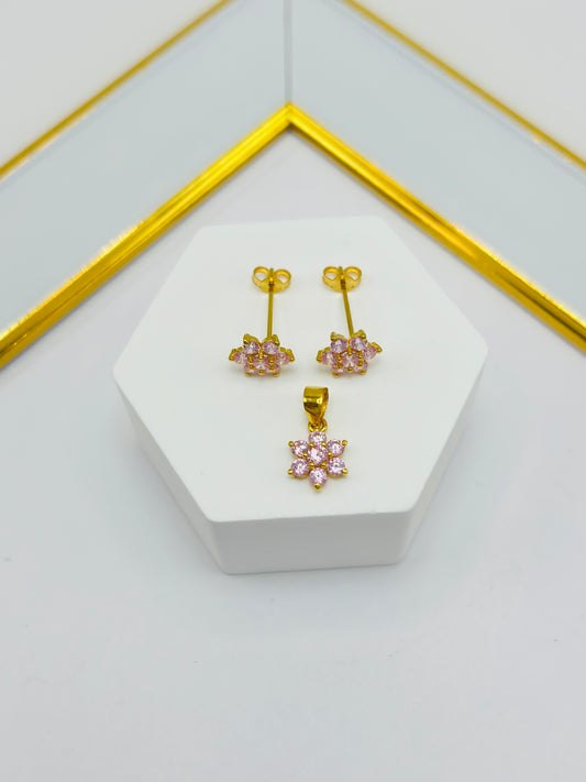 18K Gold Flower Stone Earrings and Pendant Set (Pink)