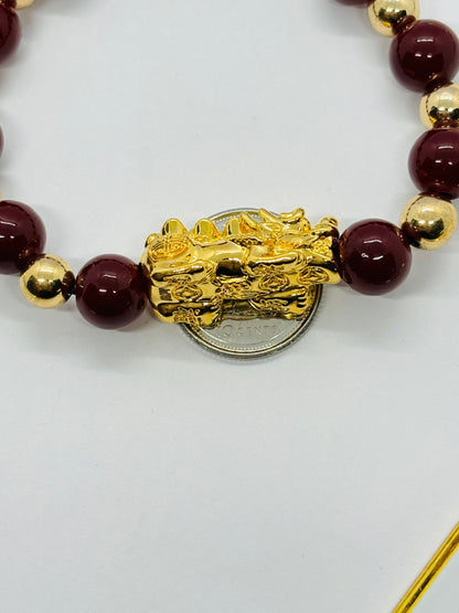 18K Gold  Lucky Piyao/ Pi Xiu Bracelet Red & Black ( Hollow Empty Inside) Extra Large Size