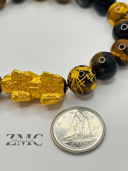 18K Gold Lucky Piyao/ Pi Xiu  Bracelet Tiger Eye Dragon Stone( Hollow Empty Inside) Extra Large Matte