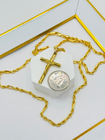 18K Gold Rope Bar with Cross Pendant Necklace