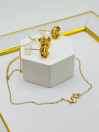 18K Gold Necklace with Natural Citrine Pendant and Earrings Set