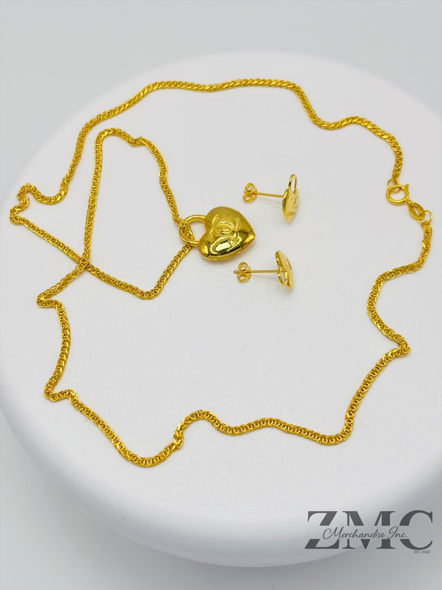 18K Gold C Heart Earrings and Necklace Set