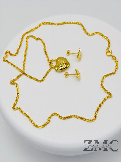 18K Gold C Heart Earrings and Necklace Set