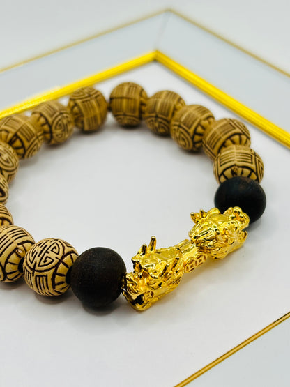 18K Gold  Lucky Dragon Bracelet ( Hollow Empty Inside)  Natural Carved Wood XXL