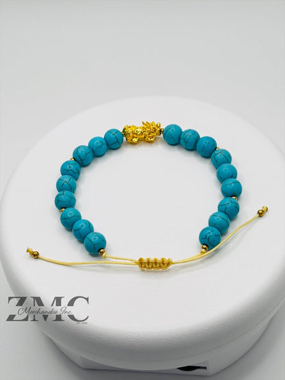 18K Gold Lucky Piyao/ Pi Xiu Blue Turquoise Bracelet ( Hollow Empty Inside) Medium