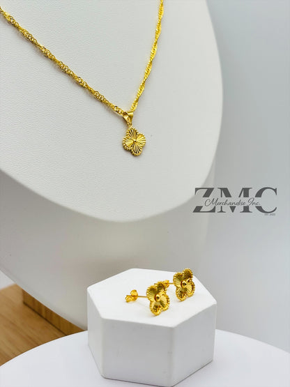 18K Gold Clover Earrings and Necklace Set