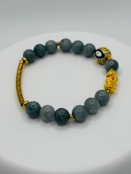 18K Gold Lucky Piyao/ Pi Xiu Burma Green Jasper Evil Eye Bracelet ( Hollow Empty Inside) Medium