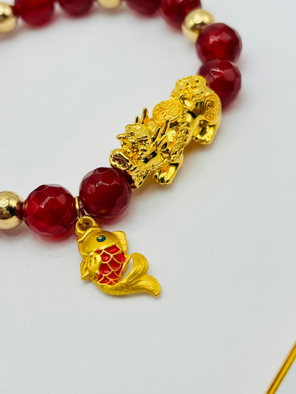 18K Gold  Lucky Piyao/ Pi Xiu Bracelet Red Koi ( Hollow Empty Inside) Extra Large Size