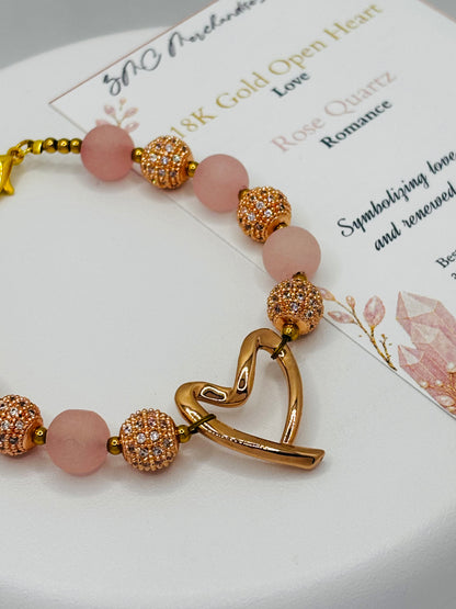 18K Rose Gold Open Heart Rose Quartz Bracelet (Electroform Heart)