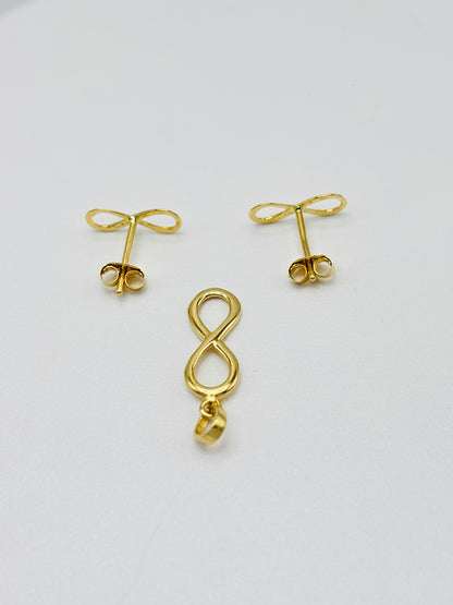 18K Gold Infinity Earrings and Pendant Set