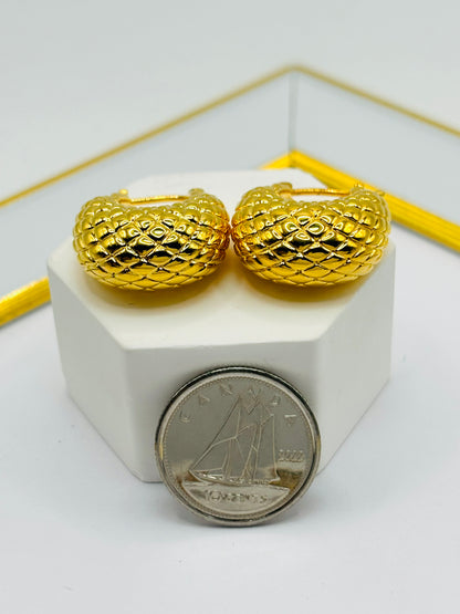 18K Gold Woven Pattern Loop Earrings (Electroform)