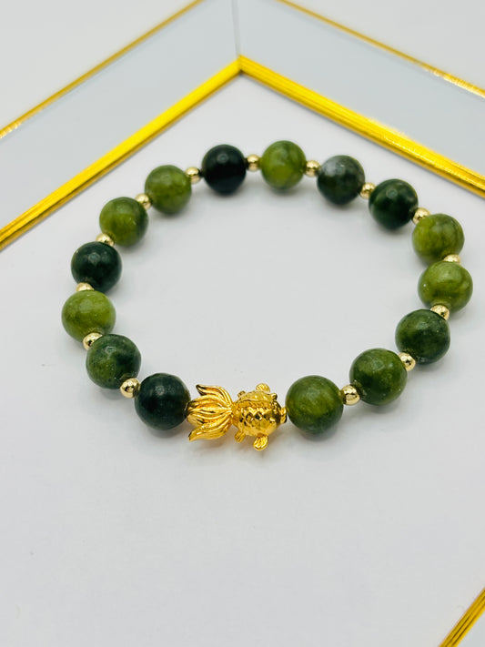 18K Gold  Lucky Koi Fish Jade Stone  ( Hollow Empty Inside) Medium Size