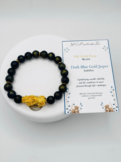 18K Gold Lucky Piyao/ Pi Xiu Dark Blue/Gold Jasper Bracelet( Hollow Empty Inside) XXL PIYAO