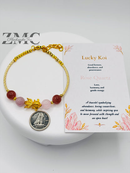 18K Gold Lucky Koi Fish Bracelet Rose Quartz Stone ( Hollow Empty Inside)