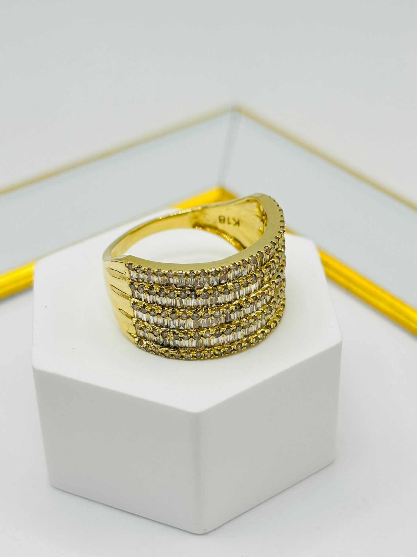 K18 Japan 4 Layered Natural Diamond Baguette Ring 1.5 carat