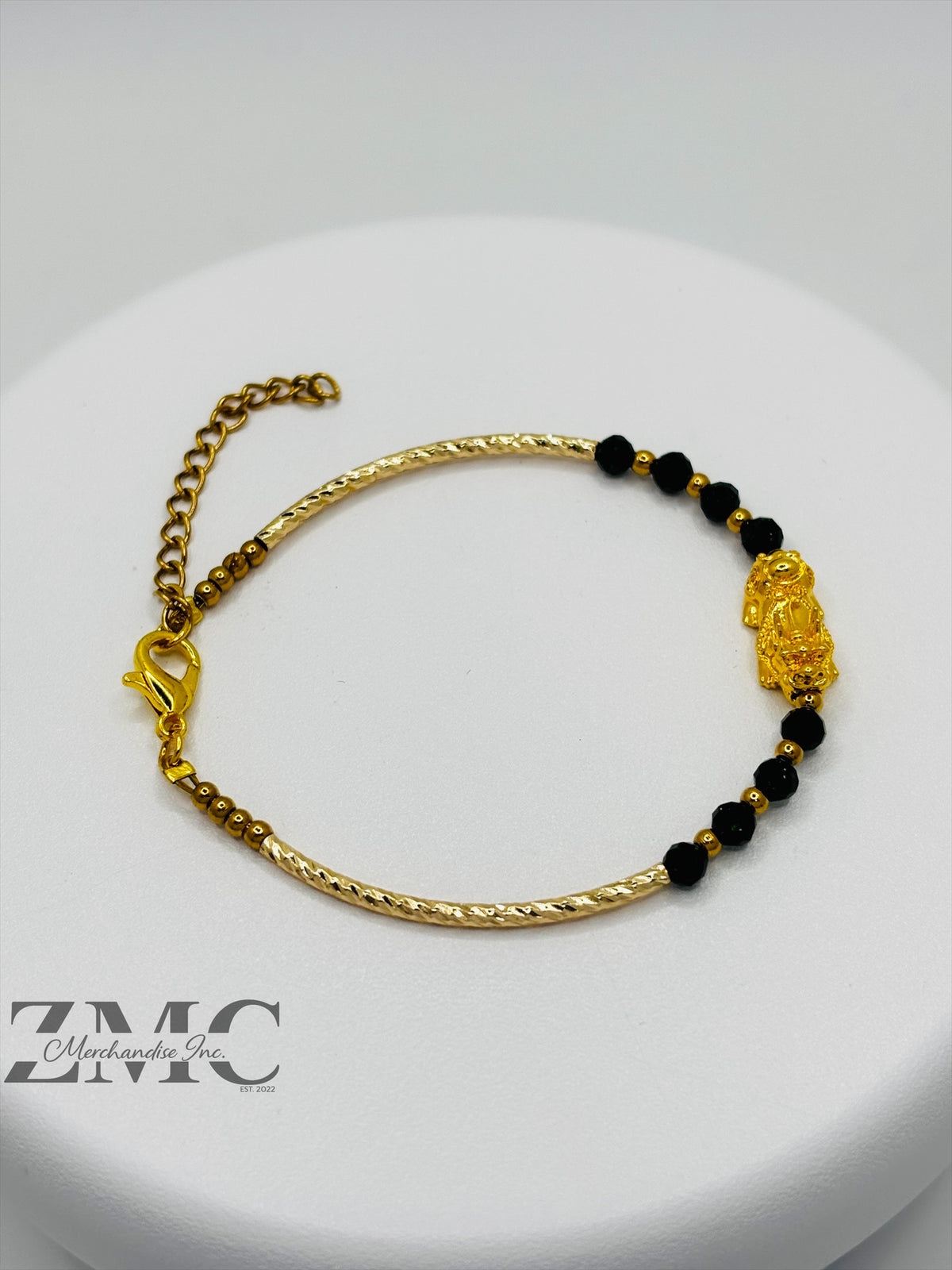 18K Gold Lucky Piyao/ Pi Xiu Green Sandstone Bracelet ( Hollow Empty Inside) Medium
