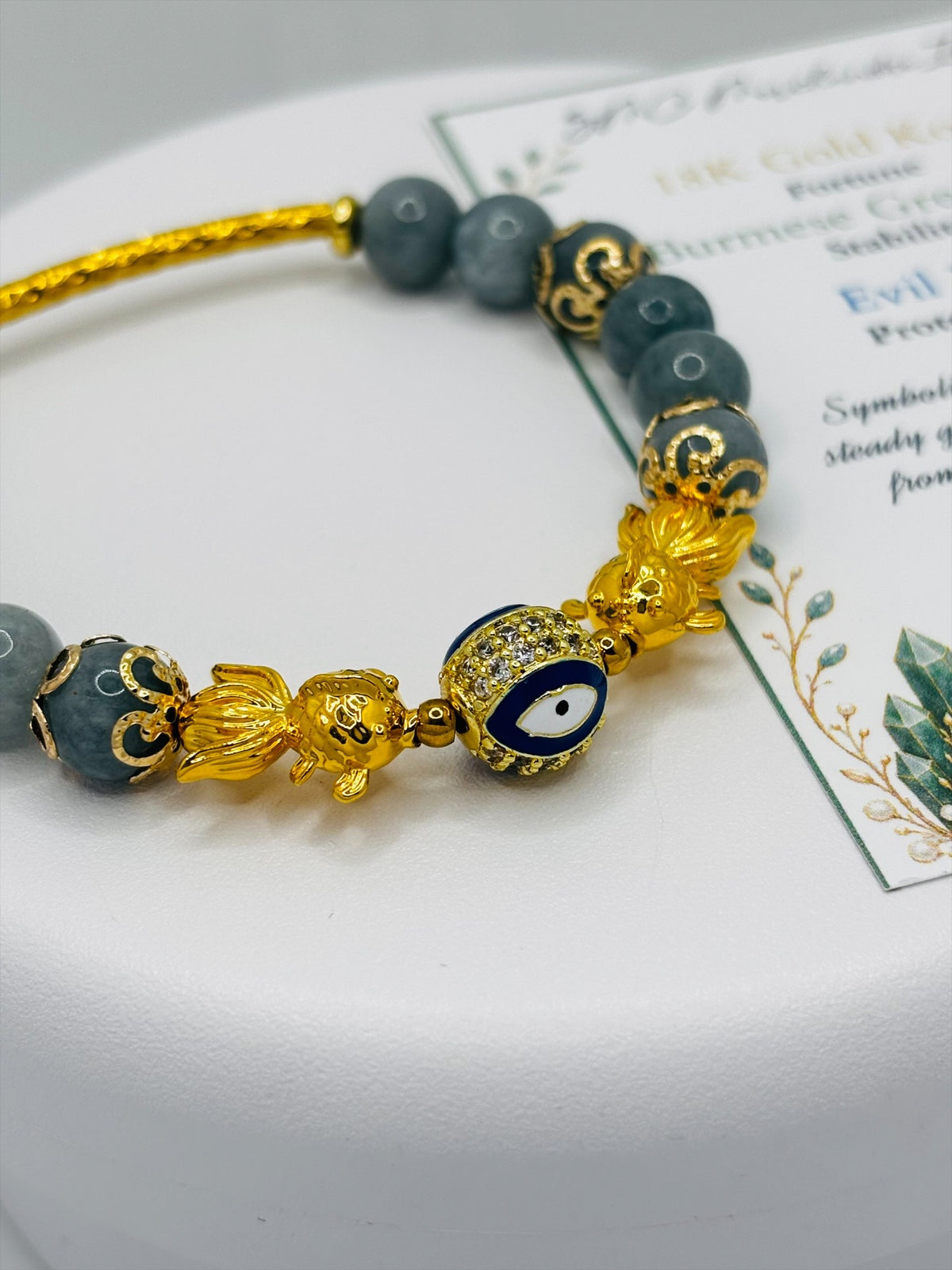 18K Gold Lucky Double Koi Fish Burmese Green Jasper Bracelet  ( Hollow Empty Inside)