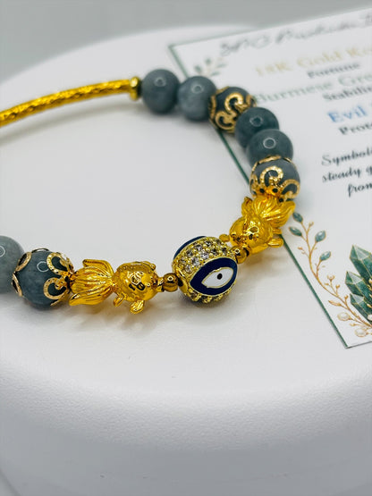 18K Gold Lucky Double Koi Fish Burmese Green Jasper Bracelet  ( Hollow Empty Inside)