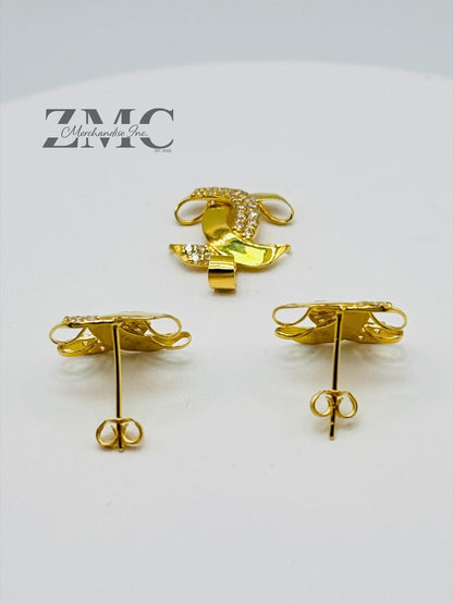 18K Gold C Earrings and Pendant with Stone Set