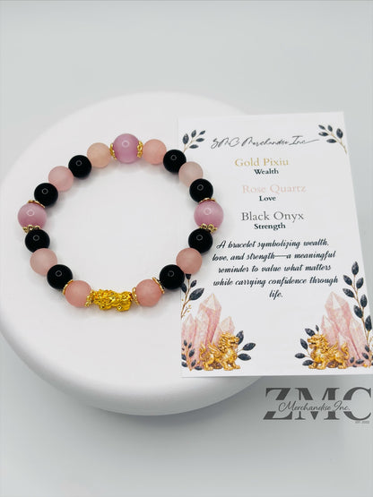 18K Gold Lucky Piyao/ Pi Xiu  Rose Quartz, Onyx Bracelet ( Hollow Empty Inside) Small