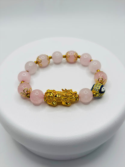 18K Gold Lucky Piyao/ Pi Xiu Rose Quartz Bracelet( Hollow Empty Inside) Extra Large
