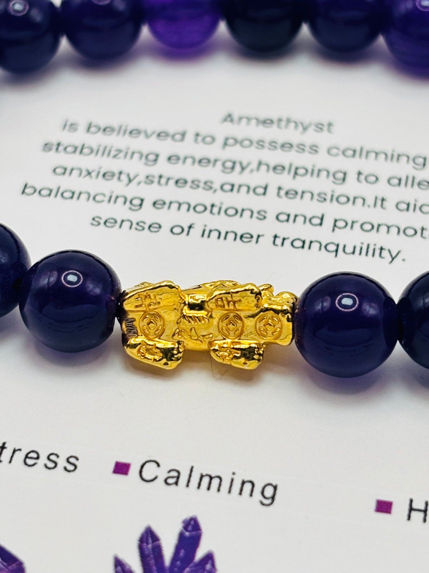 18K Gold Lucky Piyao/ Pi Xiu Black Amethyst Stone ( Hollow Empty Inside) Medium Size