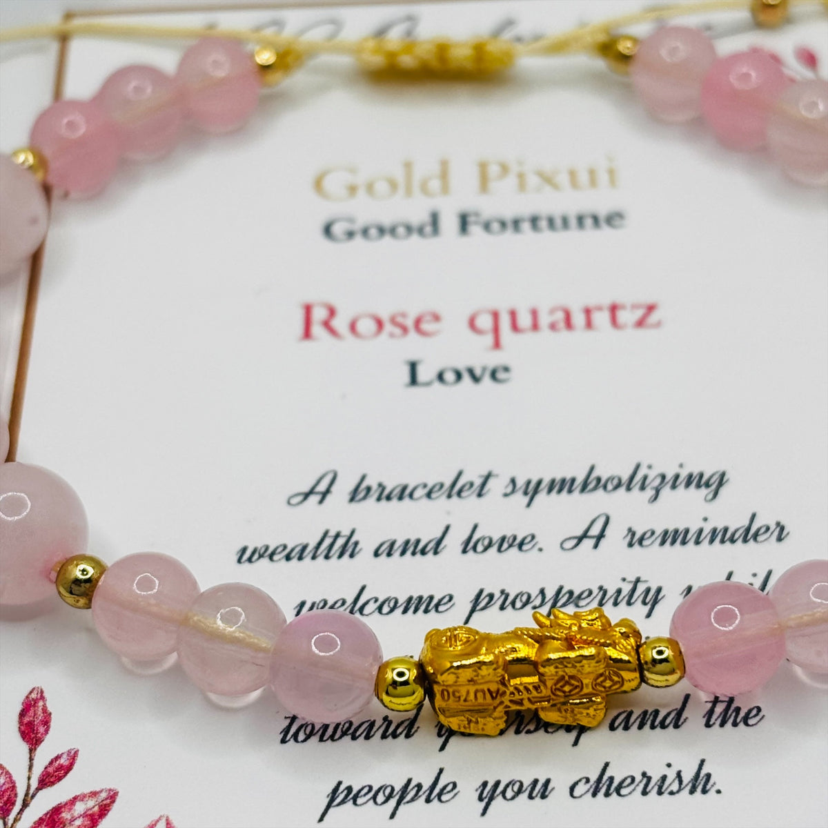 18K Gold Lucky Piyao/ Pi Xiu Rose Quartz String Bracelet ( Hollow Empty Inside) Small