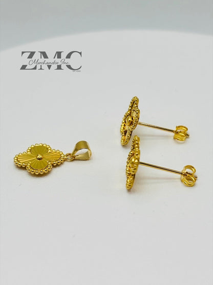 18K Gold Clover Earrings and Pendant Set 10 mm
