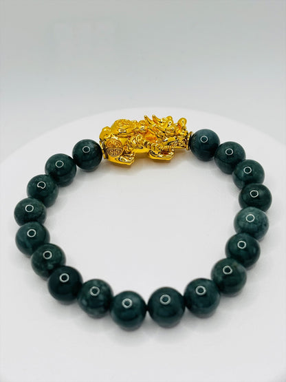 18K Gold Lucky Piyao/ Pi Xiu Green Jade Bracelet( Hollow Empty Inside) XXL PIYAO