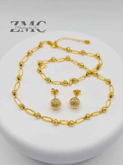 18K Gold Diamond Cut Ball Earrings and Necklace Set