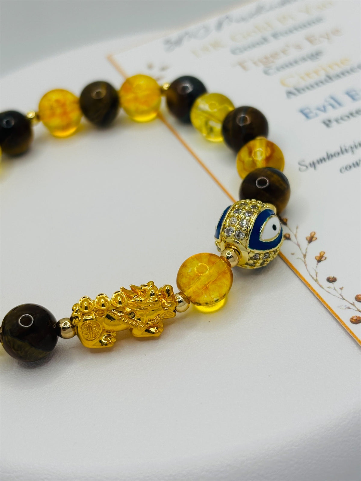 18K Gold Lucky Piyao/ Pi Xiu Tiger Eye Citrine Evil Eye Bracelet ( Hollow Empty Inside) Medium