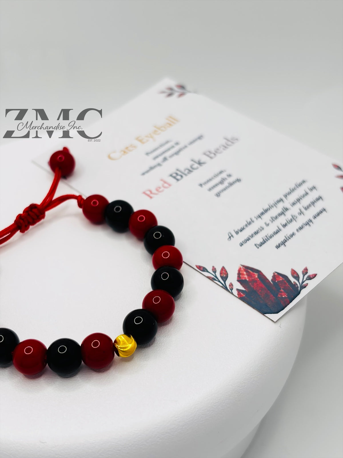 18K Gold Cats Eye Ball Baby/Kids Red & Black Stone Bracelet
