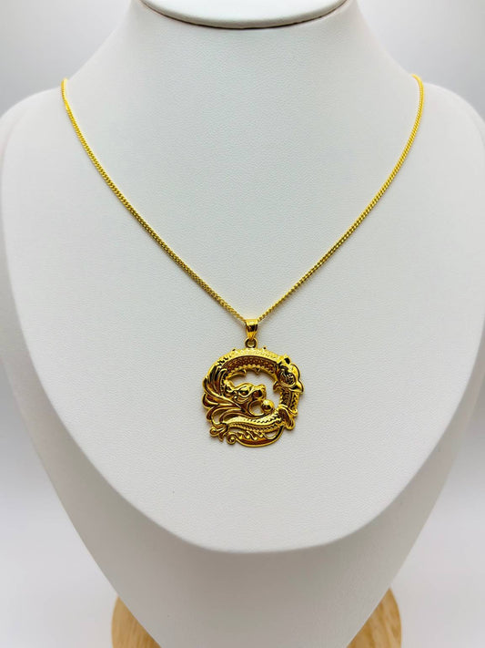 18K Gold Curb Chain with Dragon Pendant Set