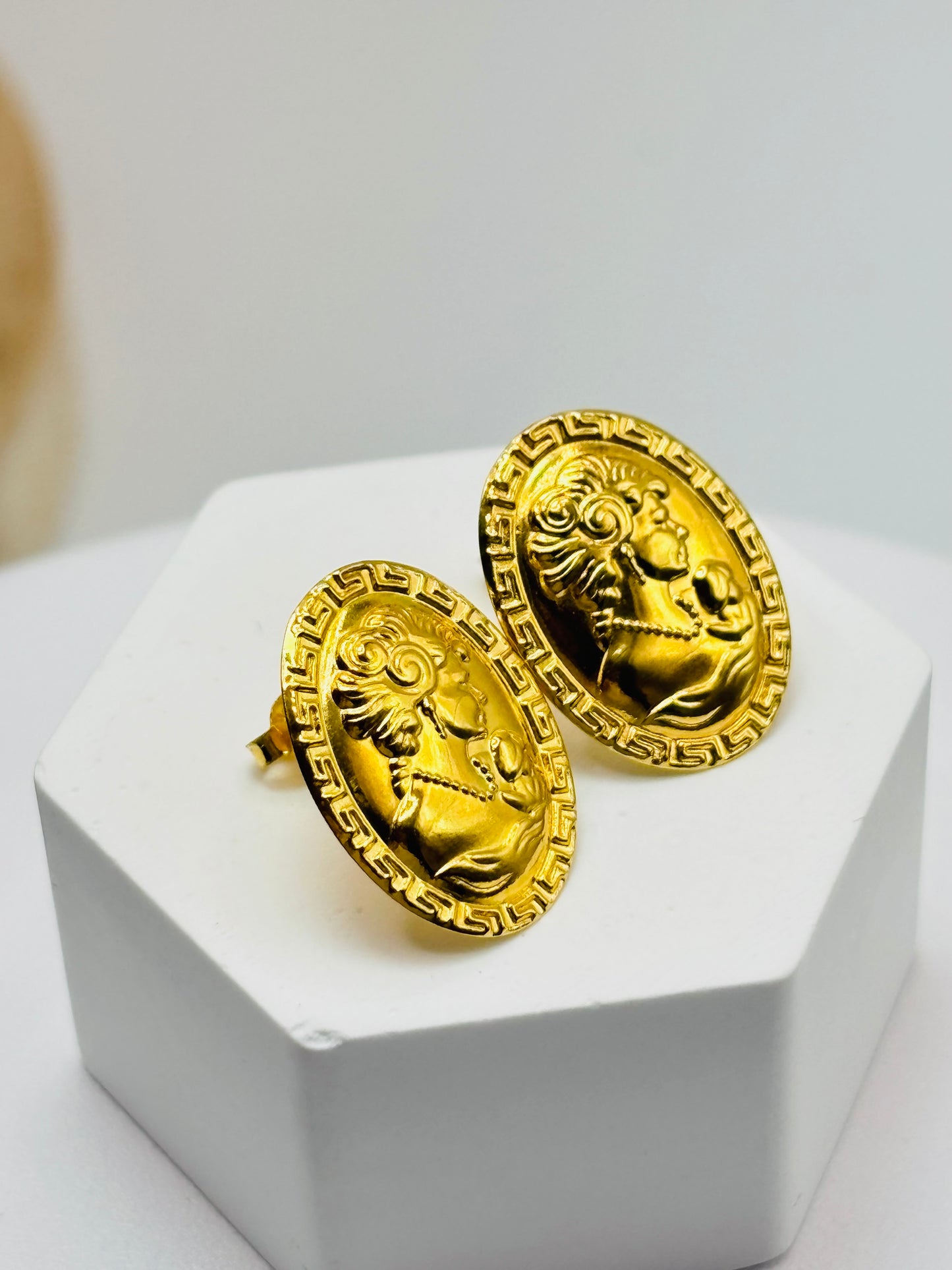 18K Gold Cameo Earrings and Necklace Set