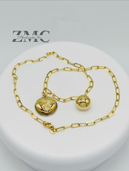 18K Gold Paperclip with Heart and Ball Charm Necklace