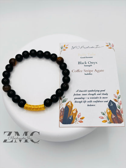 18K Gold  Lucky Baifu Tube Onyx, Agate Stone  ( Hollow Empty Inside)