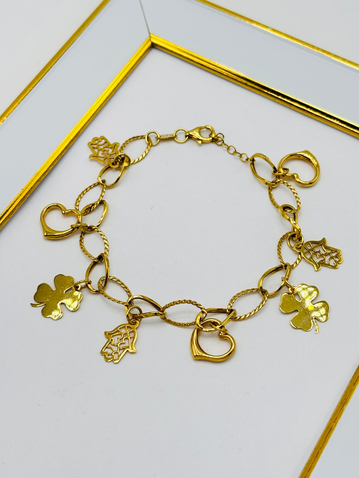 18K Gold with Hamsa, Clover and, Heart Charm Bracelet