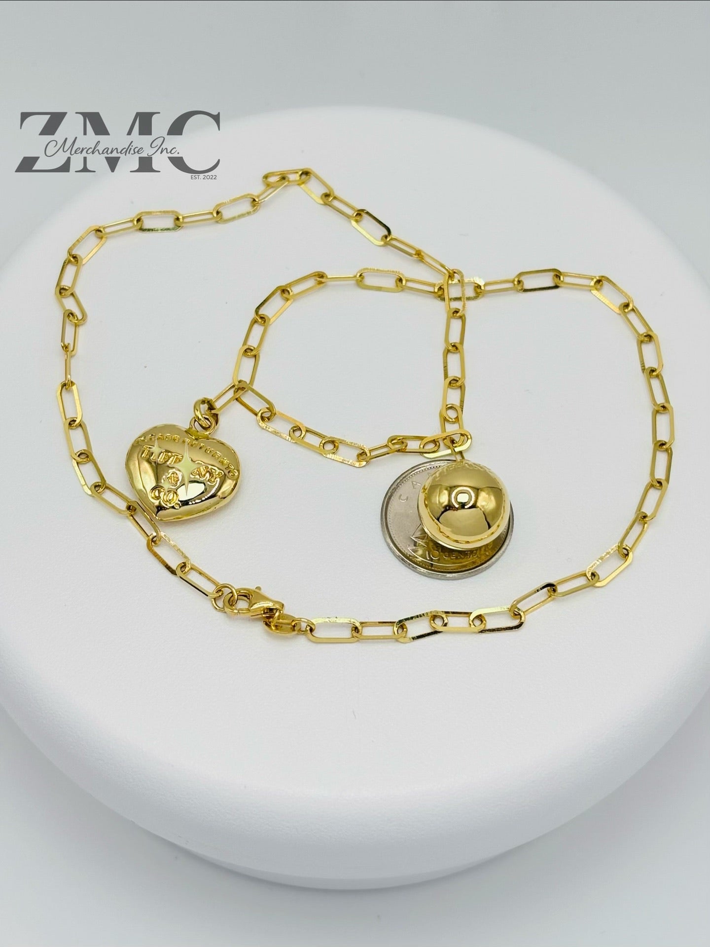 18K Gold Paperclip with Heart and Ball Charm Necklace