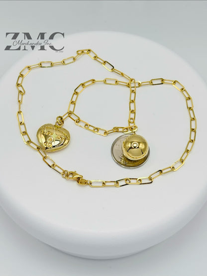 18K Gold Paperclip with Heart and Ball Charm Necklace